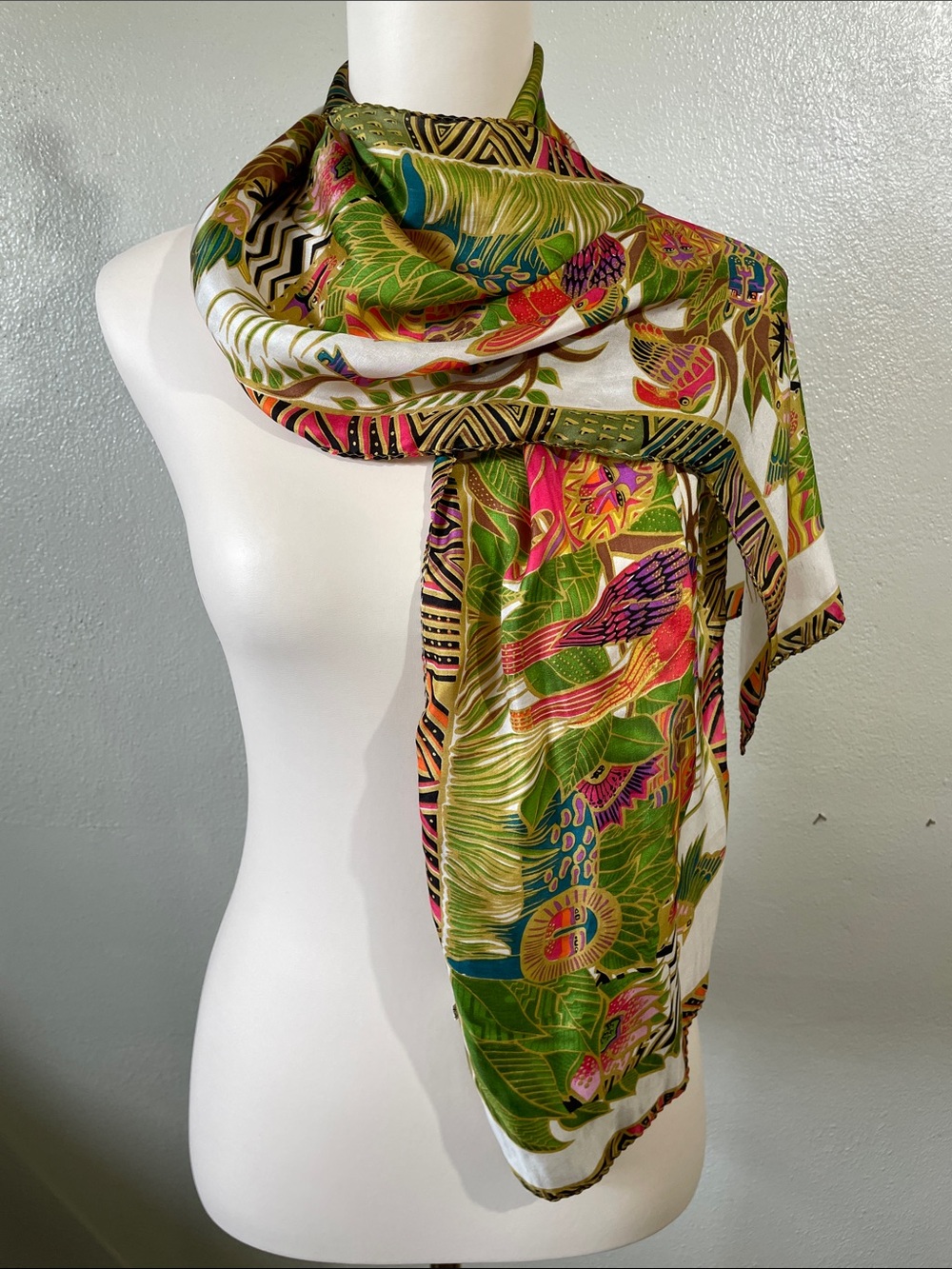 Vtg Safari Silk Scarf Animal Jungle Print Plants Rectangle Retro Boho Artwear